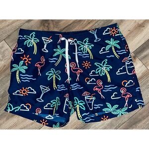 chubbies Navy Swim Trunks with Neon Palm & Flamingo Print